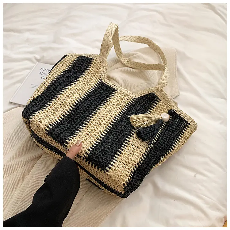 Women Straw Tote Bag Black Gold Striped Large Capacity — feature 18