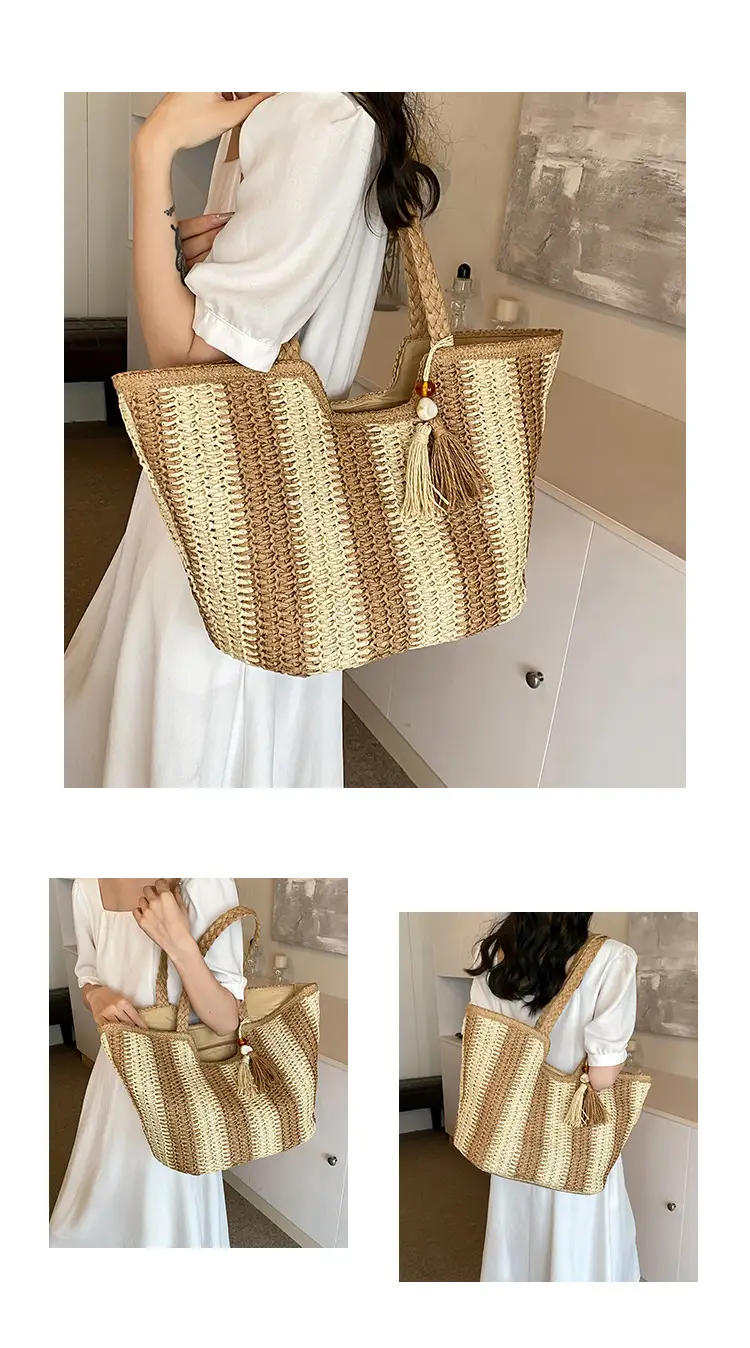 Women Straw Tote Bag Black Gold Striped Large Capacity — feature 7
