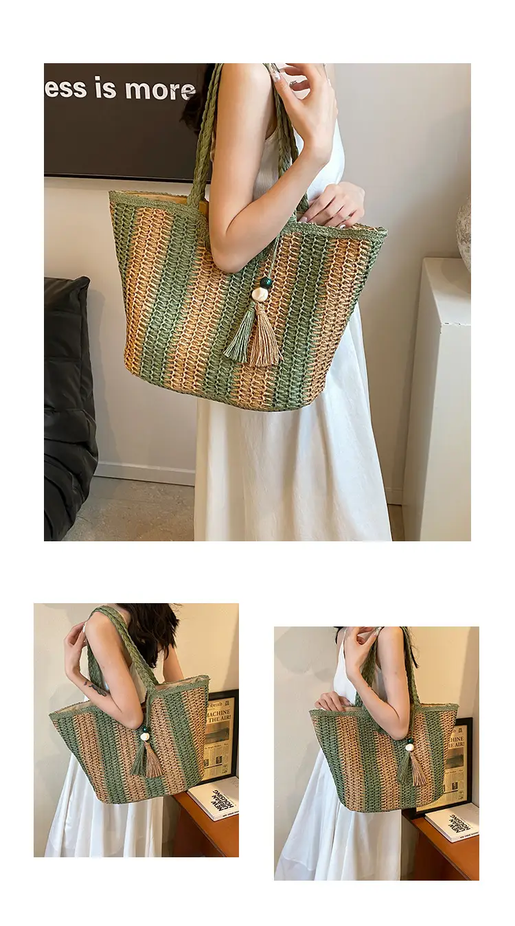 Women Straw Tote Bag Black Gold Striped Large Capacity — feature 8