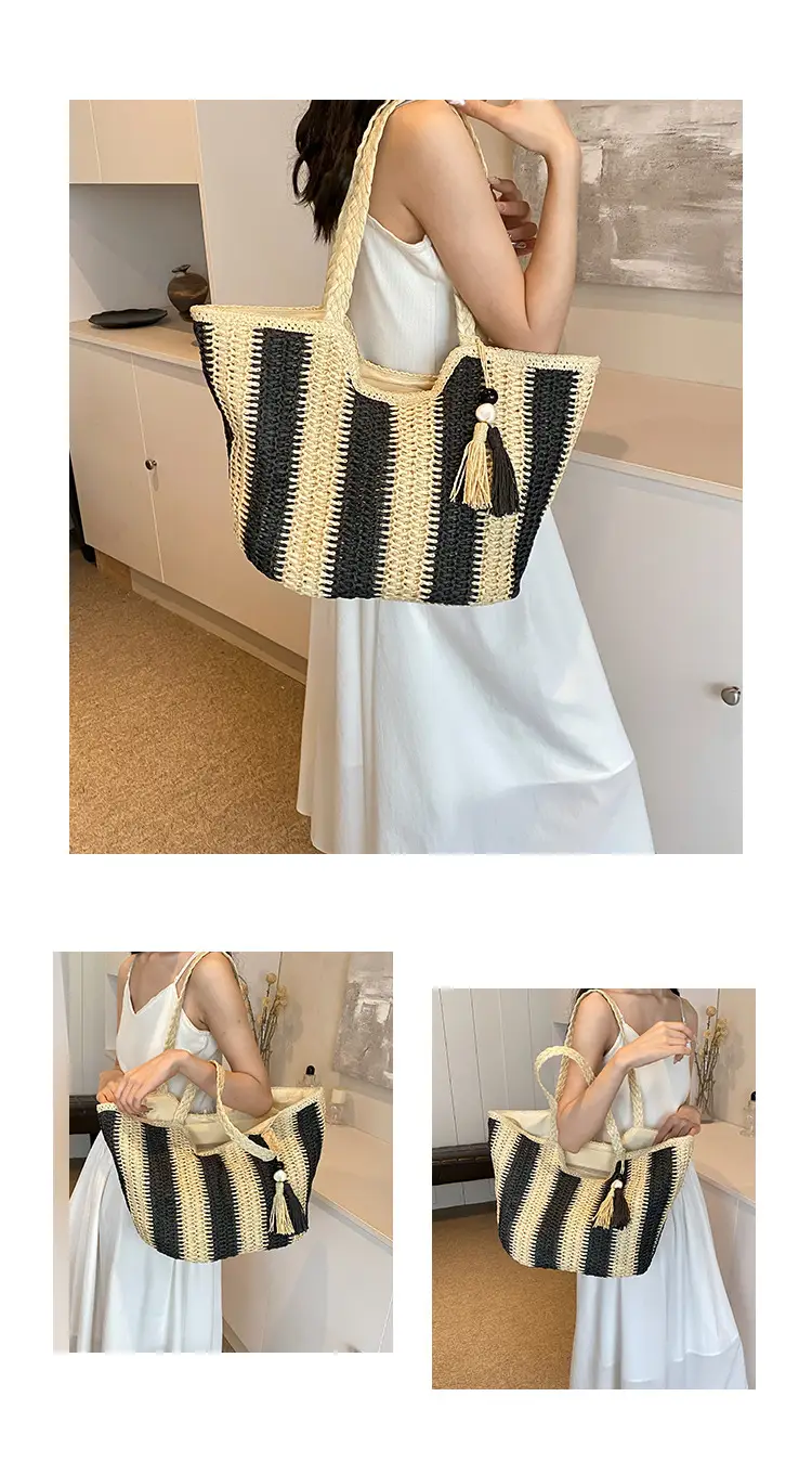 Women Straw Tote Bag Black Gold Striped Large Capacity — feature 9
