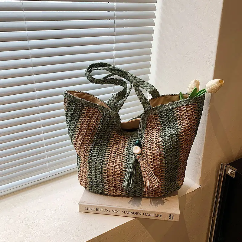 Women Straw Tote Bag Black Gold Striped Large Capacity - Image 2