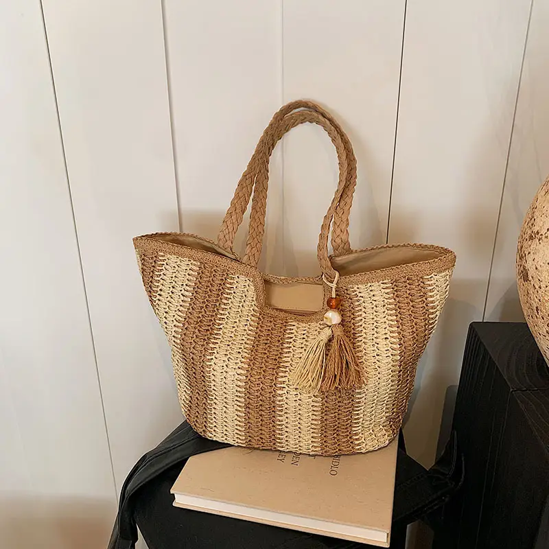 Women Straw Tote Bag Black Gold Striped Large Capacity - Image 3
