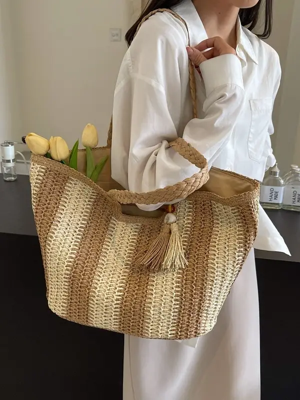 2025 Straw Bag with Vertical Stripes & Tassel
