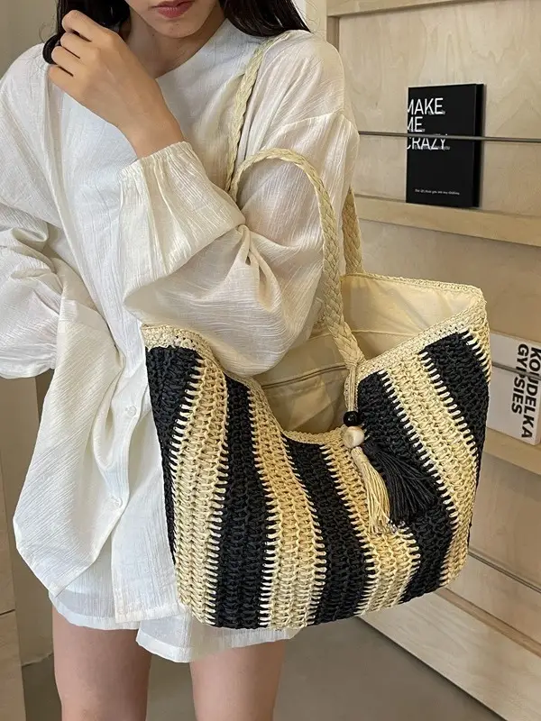 2025 Straw Bag with Vertical Stripes & Tassel