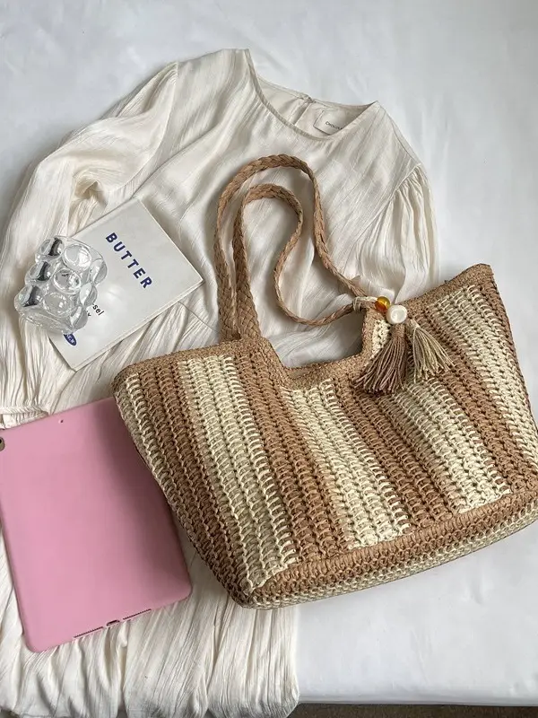 2025 Straw Bag with Vertical Stripes & Tassel