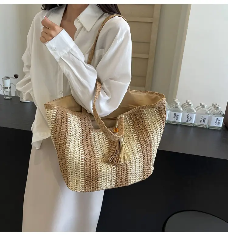 2025 Straw Bag with Vertical Stripes & Tassel — feature 24