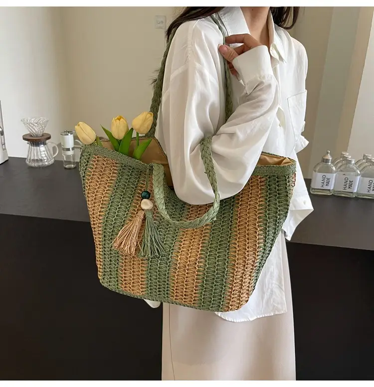 2025 Straw Bag with Vertical Stripes & Tassel — feature 30