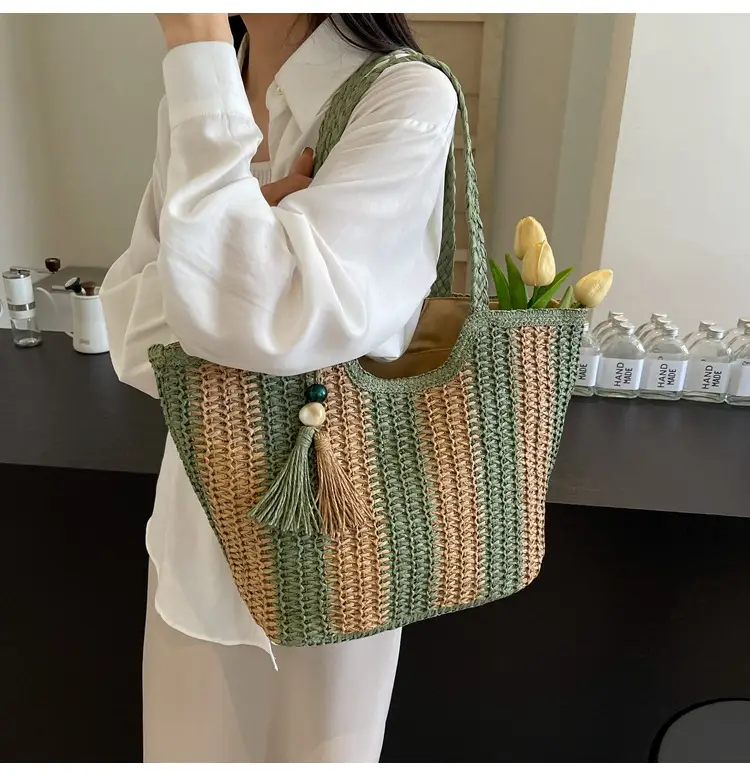 2025 Straw Bag with Vertical Stripes & Tassel — feature 33