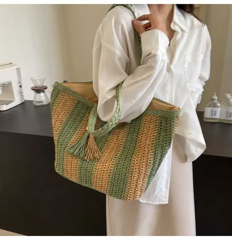 2025 Straw Bag with Vertical Stripes & Tassel — feature 34