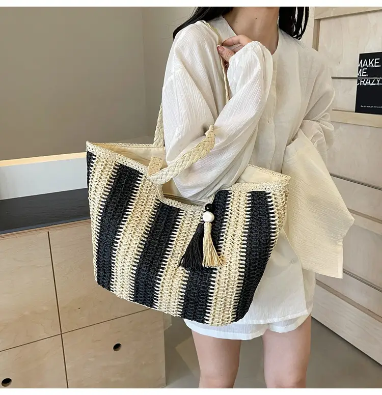 2025 Straw Bag with Vertical Stripes & Tassel — feature 36