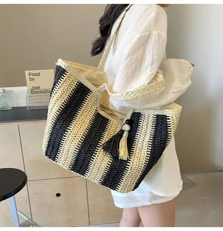 2025 Straw Bag with Vertical Stripes & Tassel — feature 38