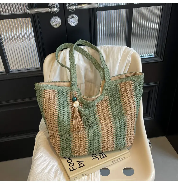2025 Straw Bag with Vertical Stripes & Tassel — feature 41