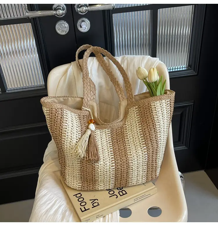 2025 Straw Bag with Vertical Stripes & Tassel — feature 42