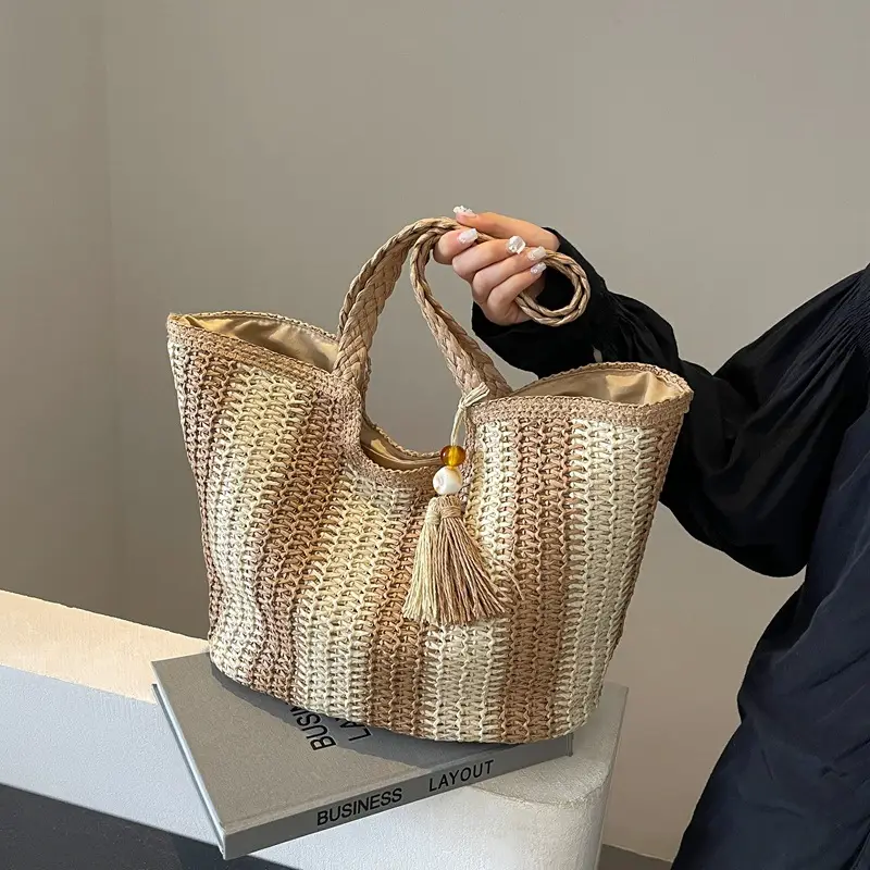 2025 Straw Bag with Vertical Stripes & Tassel