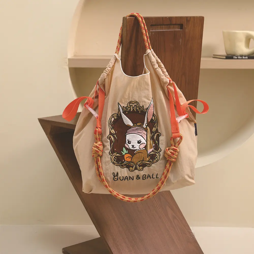 Japanese Style Embroidered Shoulder Bag Blue Nylon Foldable - Image 18