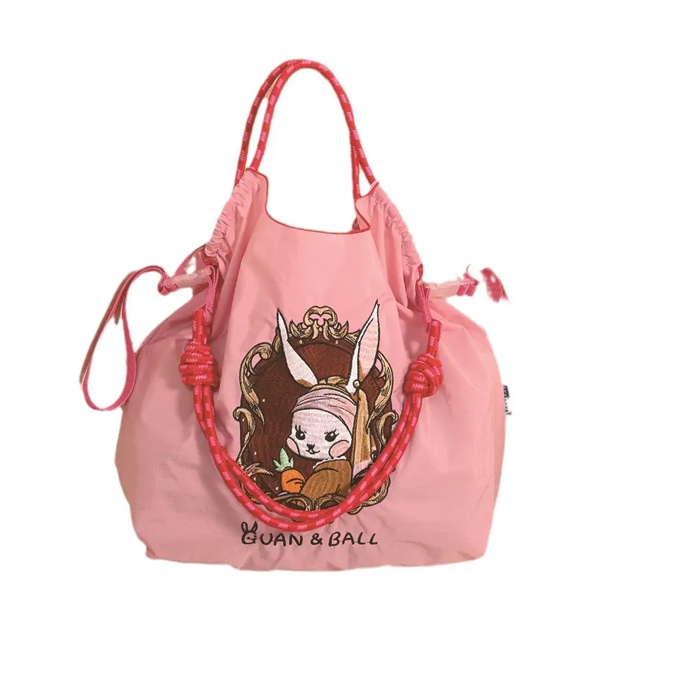 Japanese Style Embroidered Shoulder Bag Blue Nylon Foldable - Image 20