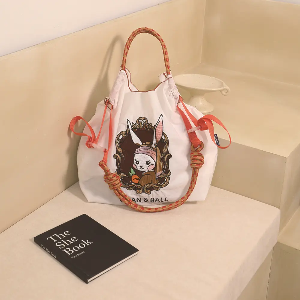 Japanese Style Embroidered Shoulder Bag Blue Nylon Foldable — feature 6