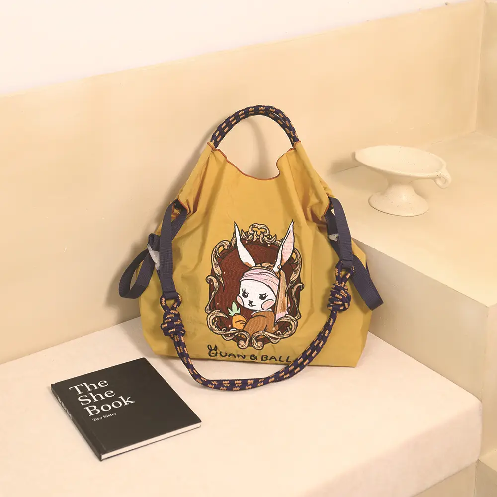Japanese Style Embroidered Shoulder Bag Blue Nylon Foldable — feature 8