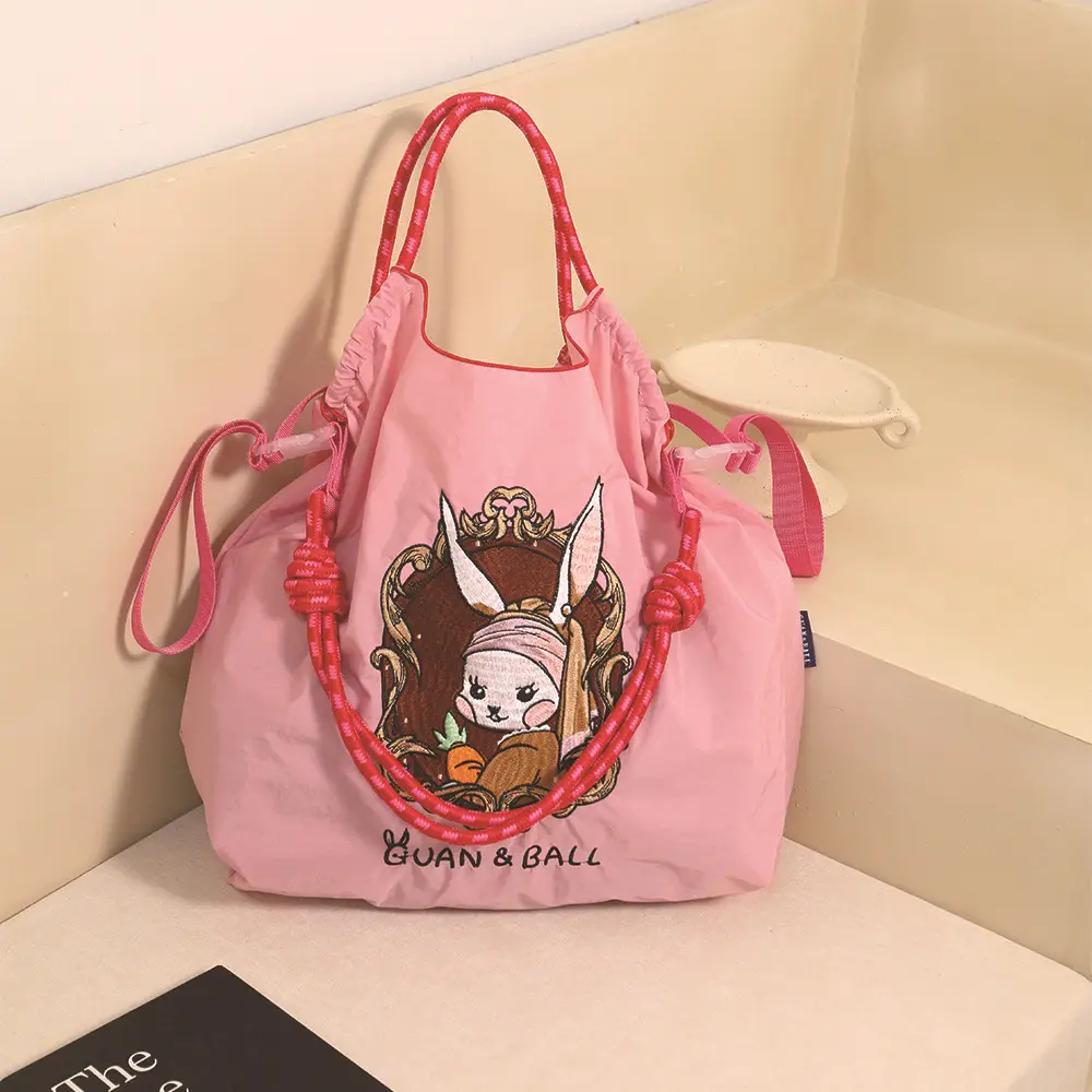 Japanese Style Embroidered Shoulder Bag Blue Nylon Foldable - Image 4