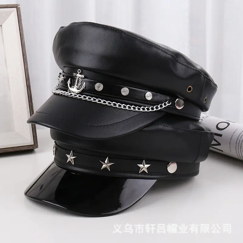 Navy PU Leather Pike Style Women's Hat with Star Accents - Image 4