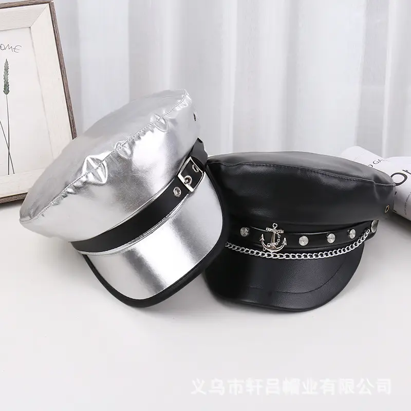 Navy PU Leather Pike Style Women's Hat with Star Accents - Image 5
