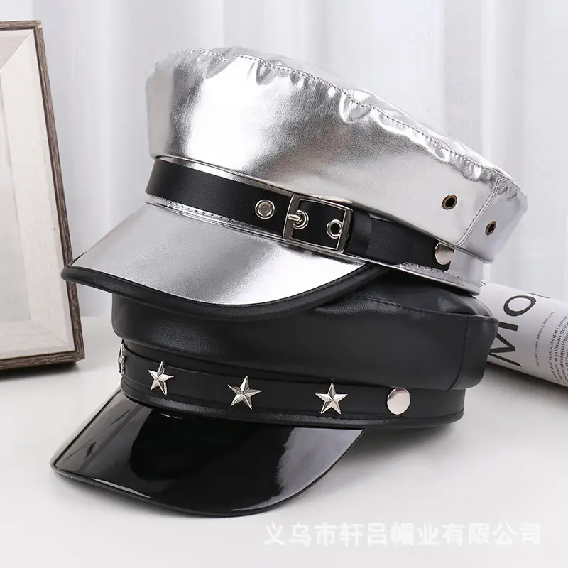 Navy PU Leather Pike Style Women's Hat with Star Accents - Image 6