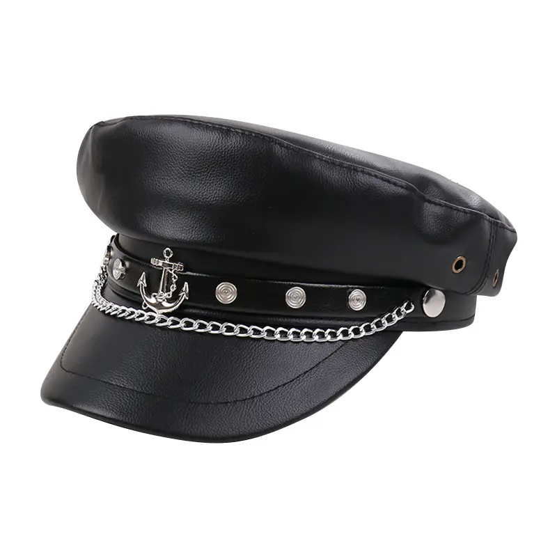 Navy PU Leather Pike Style Women's Hat with Star Accents - Image 8
