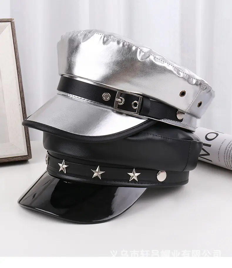 Navy PU Leather Pike Style Women's Hat with Star Accents — feature 25
