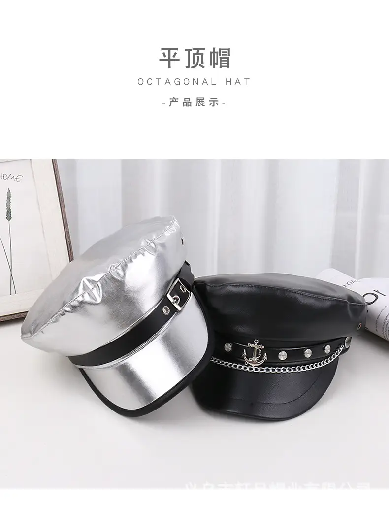Navy PU Leather Pike Style Women's Hat with Star Accents — feature 26