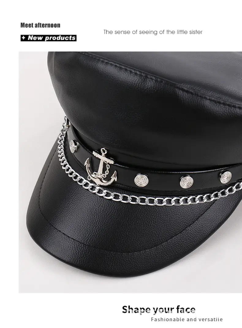 Navy PU Leather Pike Style Women's Hat with Star Accents — feature 27