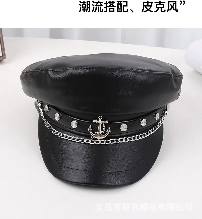 Navy PU Leather Pike Style Women's Hat with Star Accents — feature 28