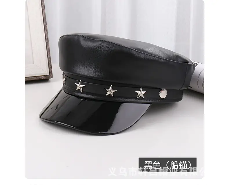 Navy PU Leather Pike Style Women's Hat with Star Accents — feature 32