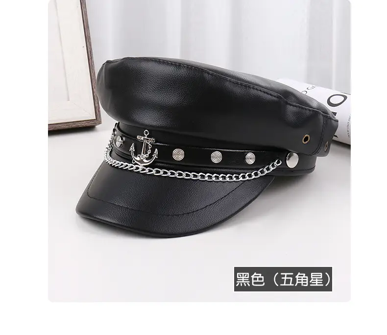 Navy PU Leather Pike Style Women's Hat with Star Accents — feature 33