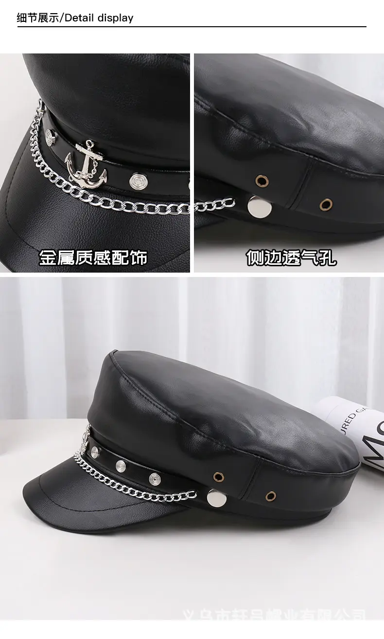 Navy PU Leather Pike Style Women's Hat with Star Accents — feature 34