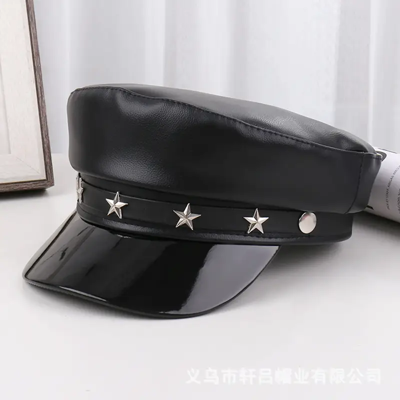 Navy PU Leather Pike Style Women's Hat with Star Accents - Image 2