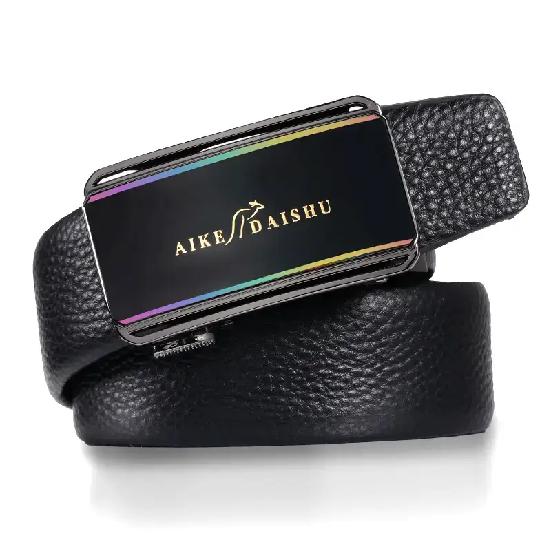 Aike Daishu Men's Black Leather Belt with Rainbow Buckle - Image 3