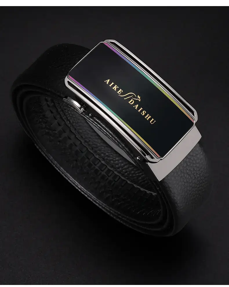 Aike Daishu Men's Black Leather Belt with Rainbow Buckle — feature 12