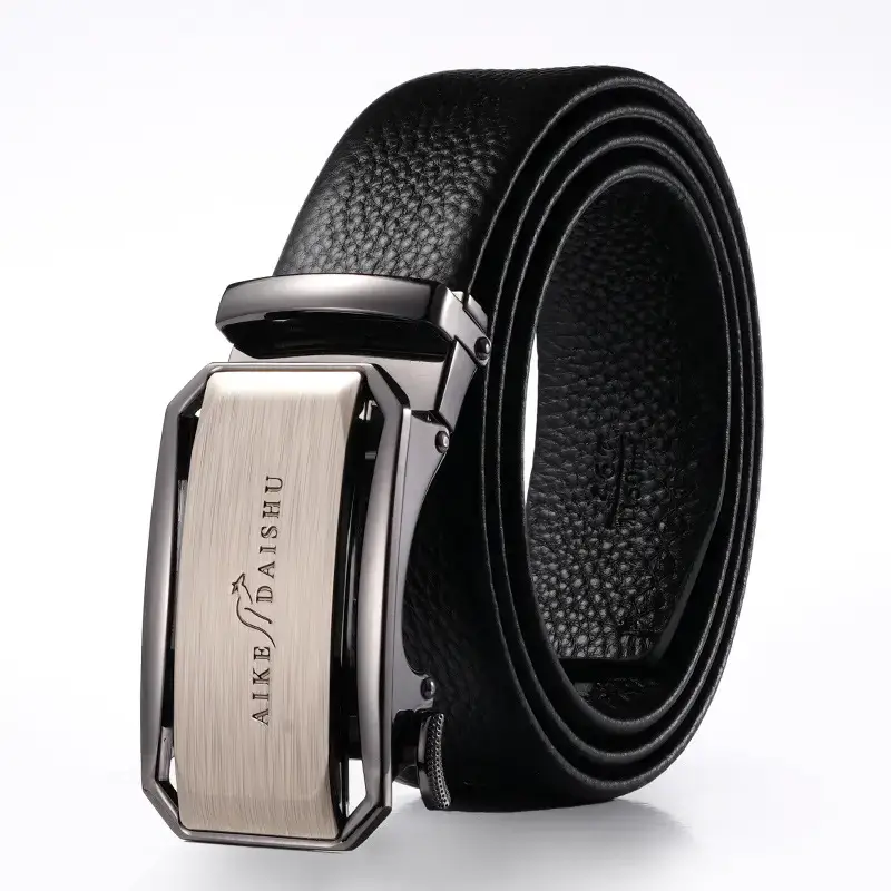 Aike Daishu Men's Black Leather Belt with Rainbow Buckle - Image 2