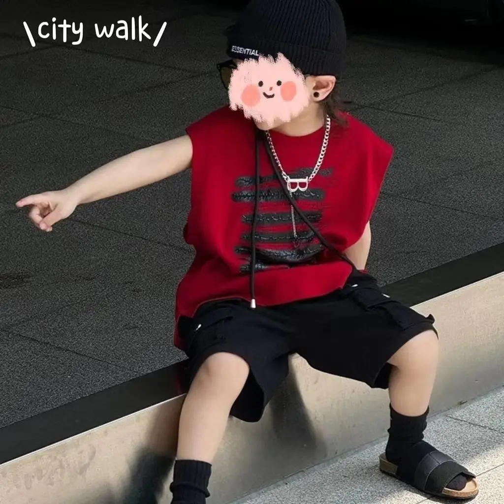 Red Sleeveless Kids Vest & Black Shorts Set - Image 3