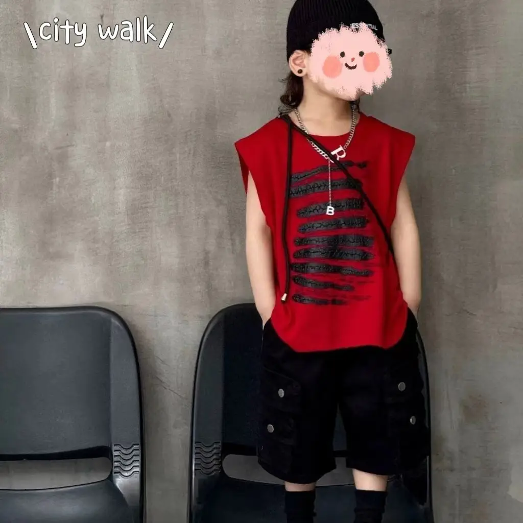 Red Sleeveless Kids Vest & Black Shorts Set