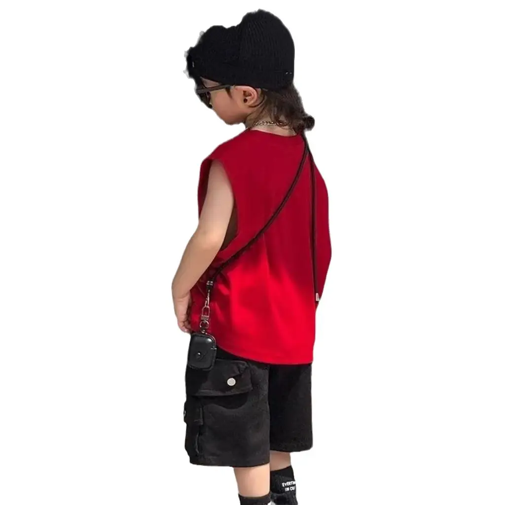 Red Sleeveless Kids Vest & Black Shorts Set - Image 5