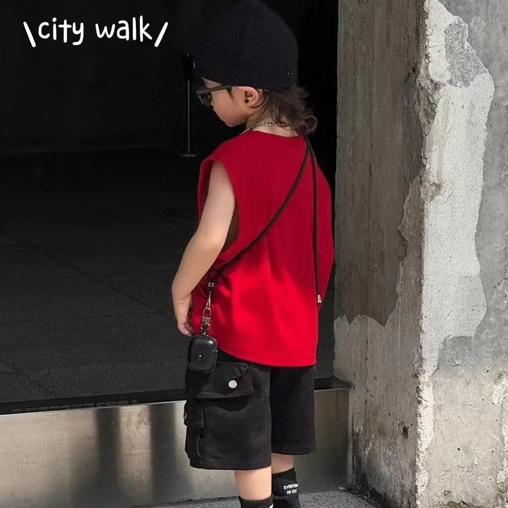 Red Sleeveless Kids Vest & Black Shorts Set — feature 5