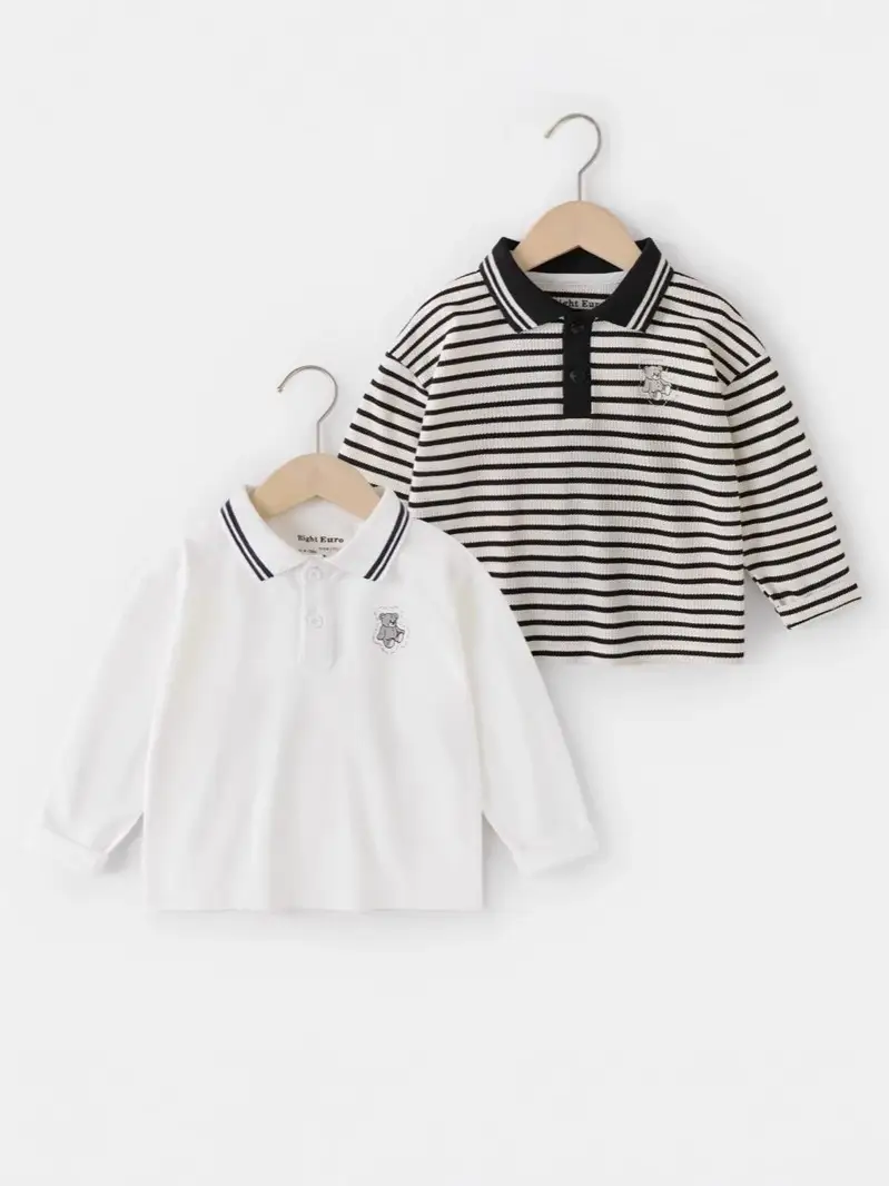 Boys Striped Polo Shirt White Black Autumn Spring Fall - Image 5