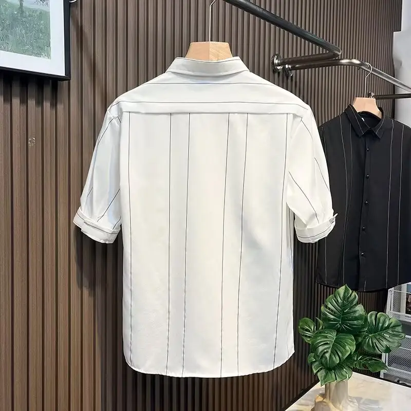 Men Striped Short Sleeve Shirt Black - Image 4