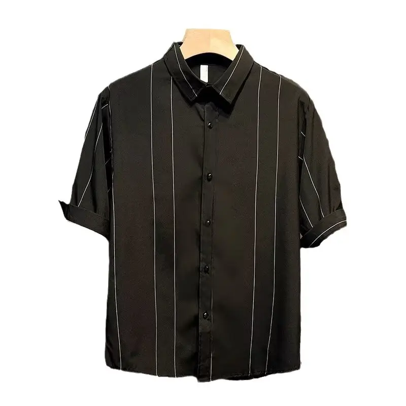 Men Striped Short Sleeve Shirt Black - Image 6