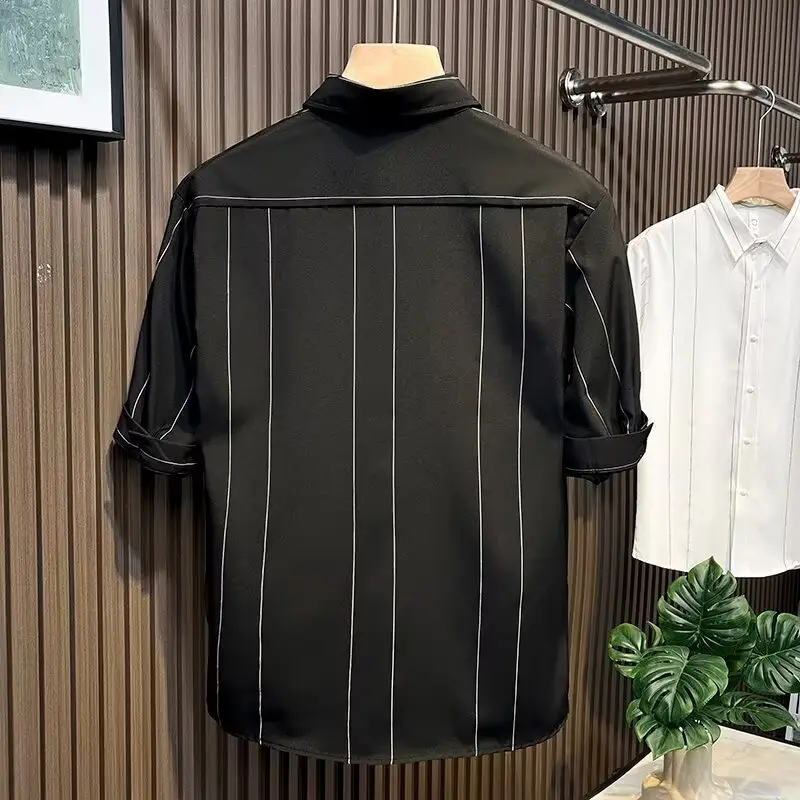 Men Striped Short Sleeve Shirt Black — feature 14