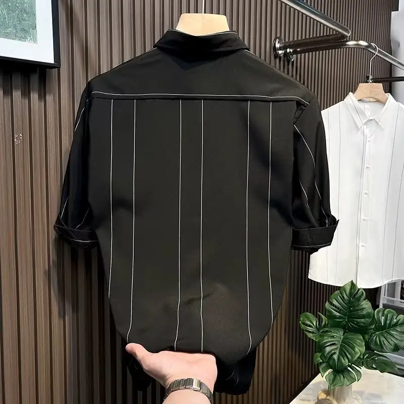 Men Striped Short Sleeve Shirt Black — feature 15
