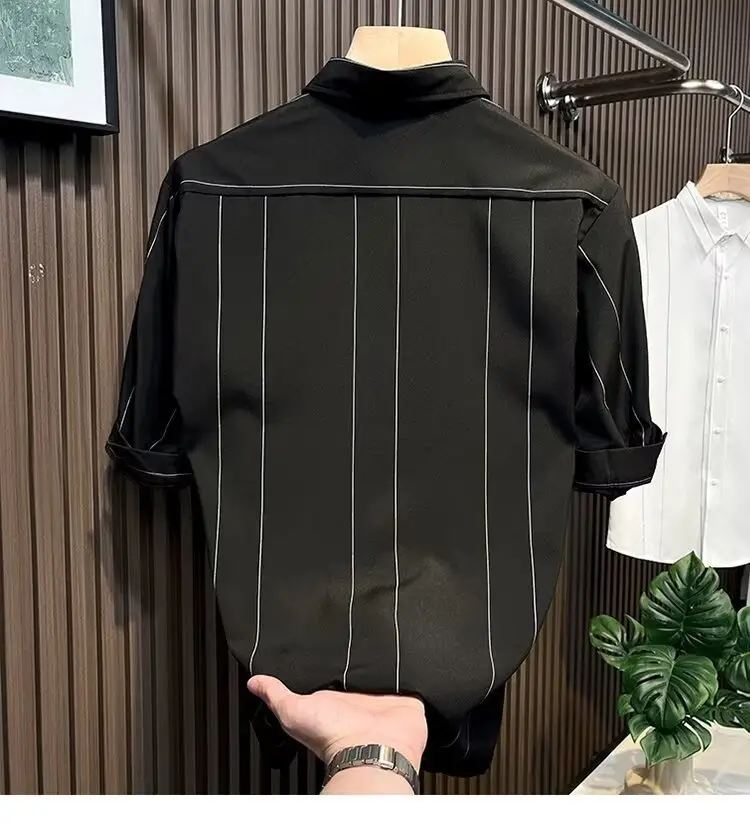 Men Striped Short Sleeve Shirt Black — feature 6