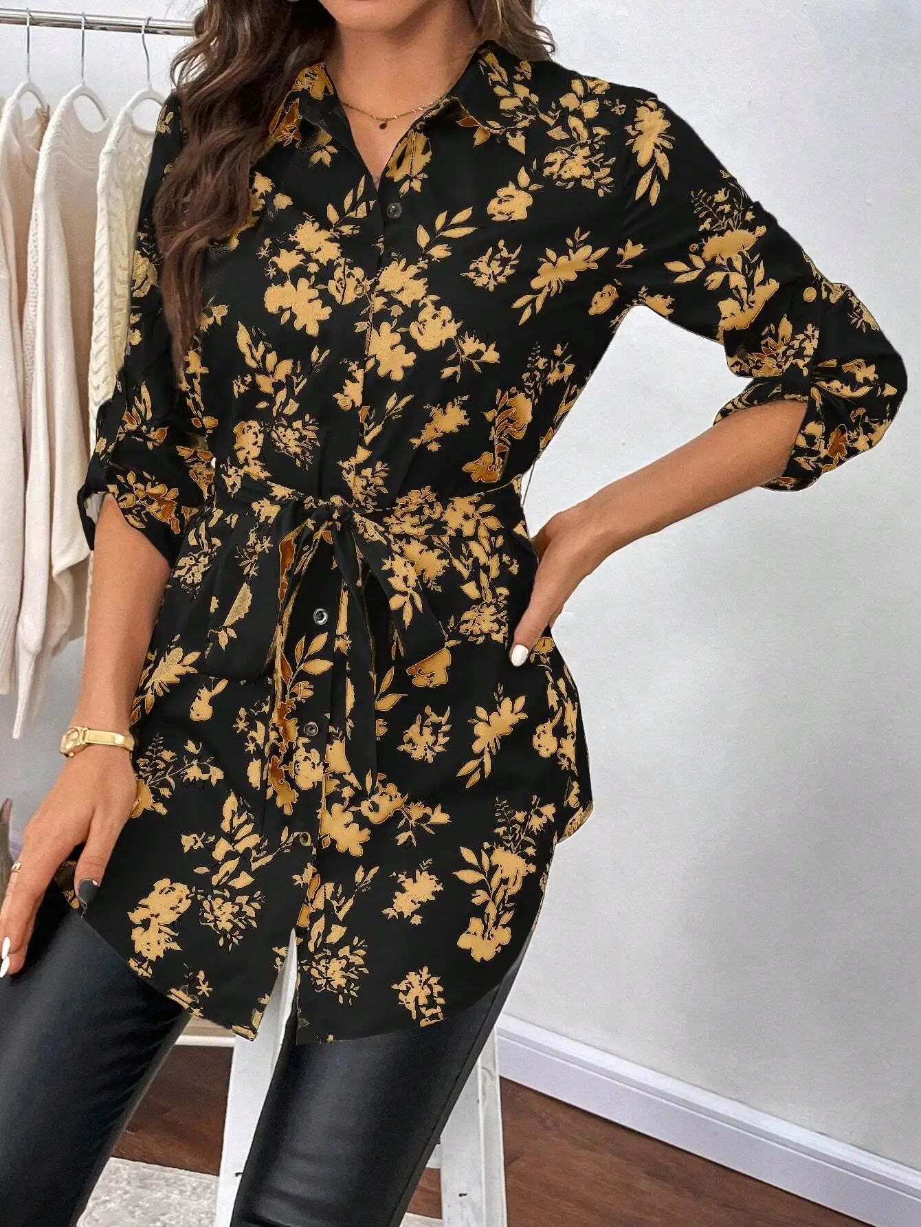 Women Floral Print Belted Long Sleeve Shirt Black Gold