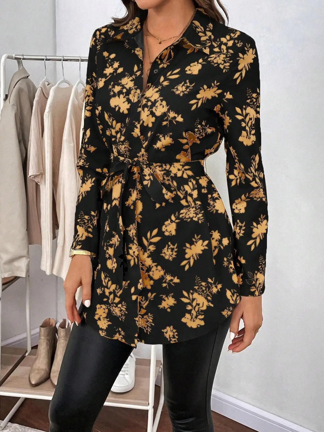 Women Floral Print Belted Long Sleeve Shirt Black Gold